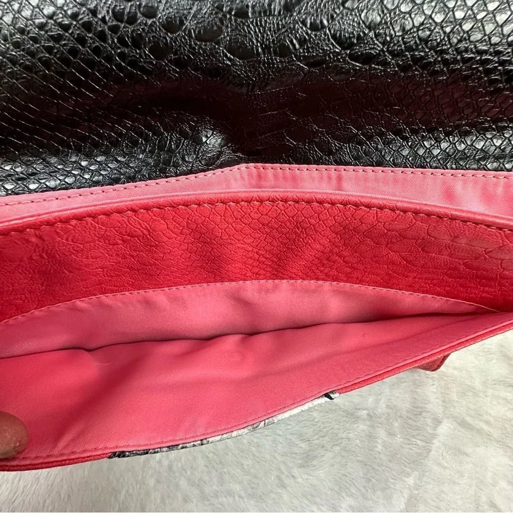 Snakeskin Print‎ Envelope Clutch Bag Black Pink Colorblock Gold Stud Accent
